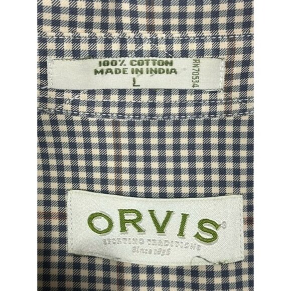 Men’s Vtg Large Orvis Plaid Button Up Long Sleeve Shirt Tan Blue - Picture 6 of 7